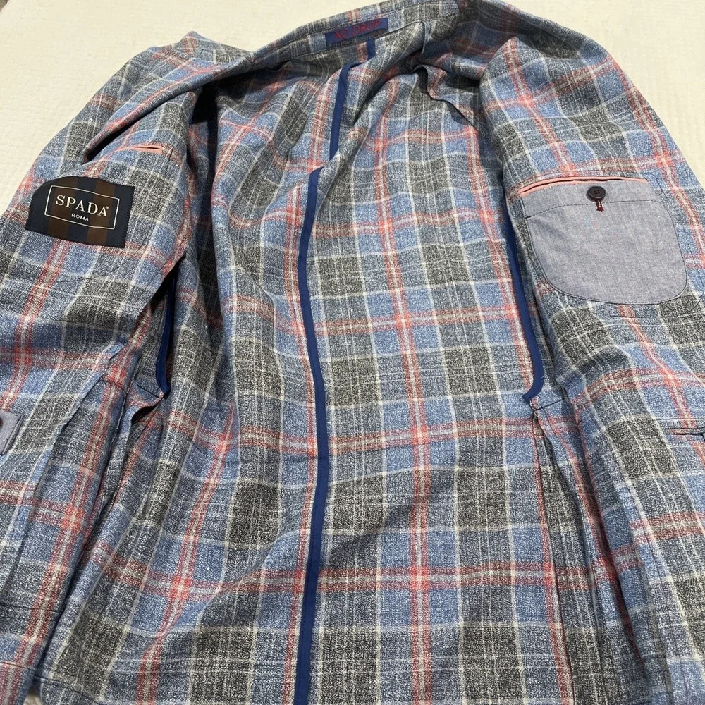 Spada Roma Blazer Mens IT54R US 44R Blue Linen Blend Sport Jacket Plaid